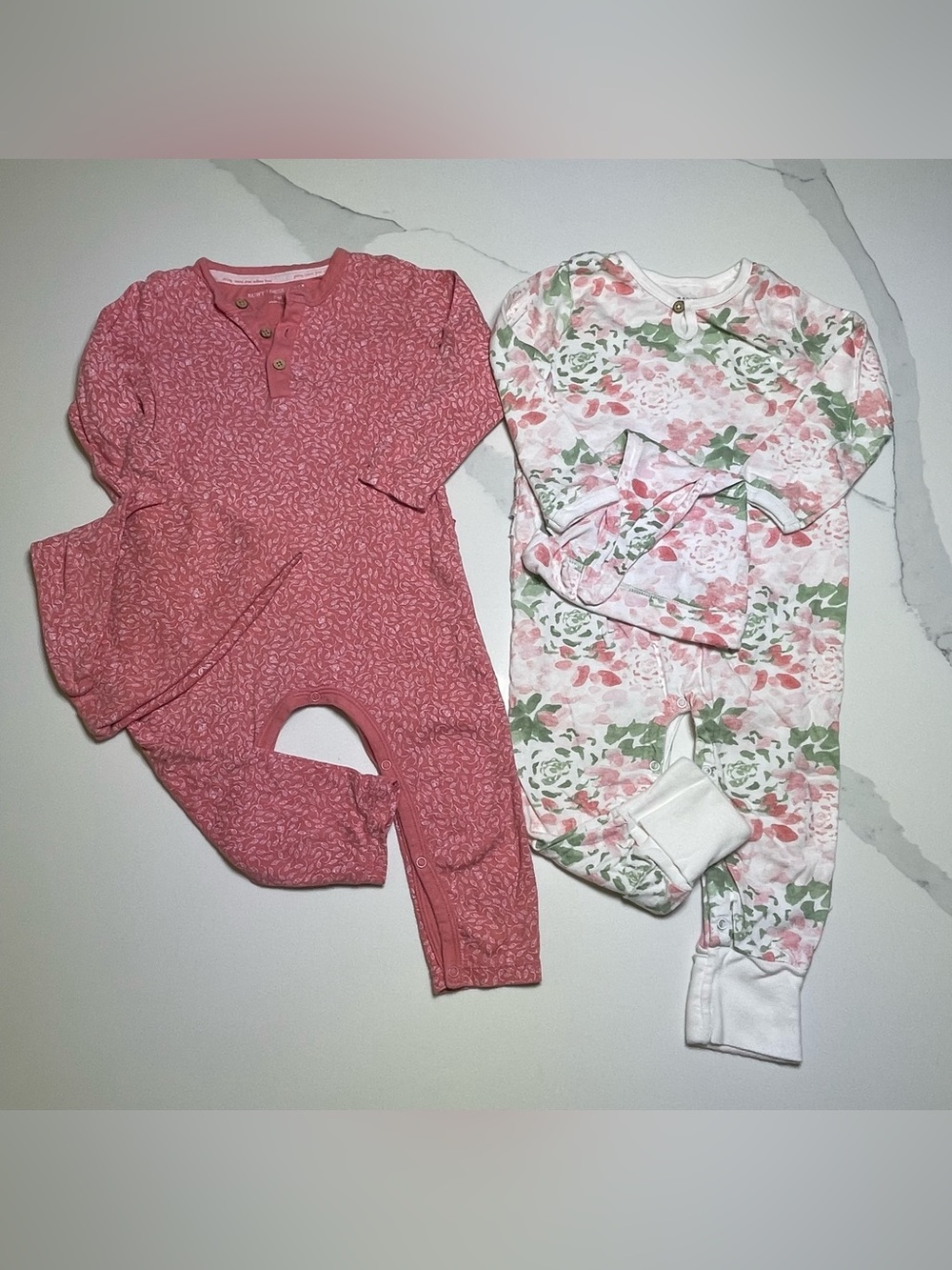 Burt's Bees Baby 2 pc Pink Solid & Floral Footed Sleepers with hats 24 mo.